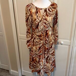 Ninety Long-Sleeve Leaf Print Pleated Dress in Ivory and Rust